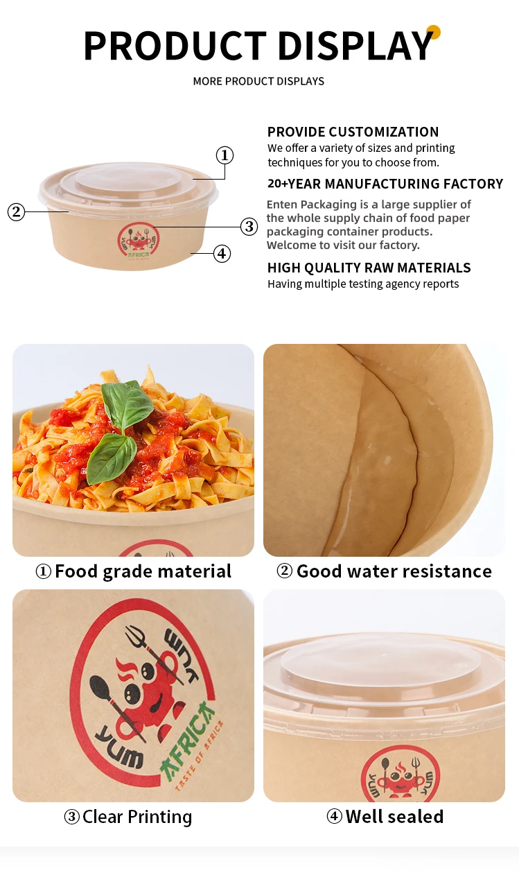 Disposable Food Grade Biodegradable Paper Bowl 24oz 32oz 48oz Clear Lid Resistant Salad Fruit Fast Food Restaurant
