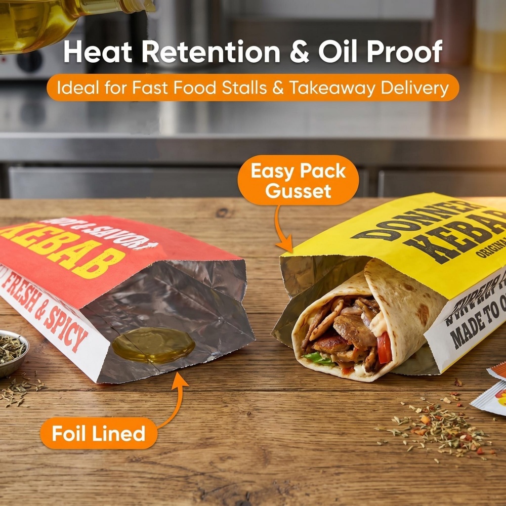 Custom Printed White Foil Lined Paper BBQ Kebab Bag for Sandwich Hot Dog Burger Packaging