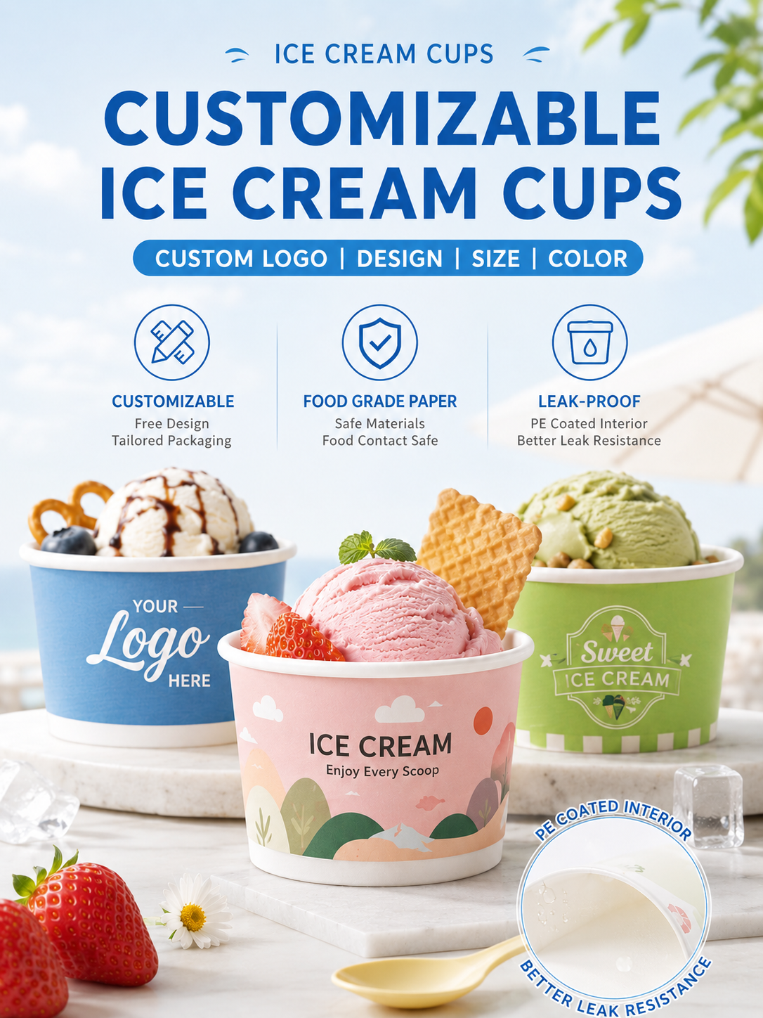 Custom Printed Logo Ice Cream Cup Dessert Use 3oz 5oz 8oz 10oz for Frozen Yogurt Disposable Ice Cream Container with Lid