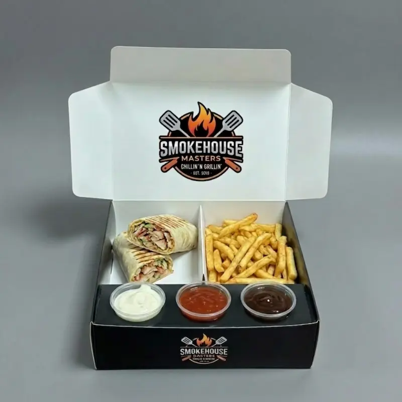 Custom logo Takeout Packaging French Fries Burger Shawarma Doner Kebab Box With Sauce Dip Cup Divider Fast Food to Go Boxes