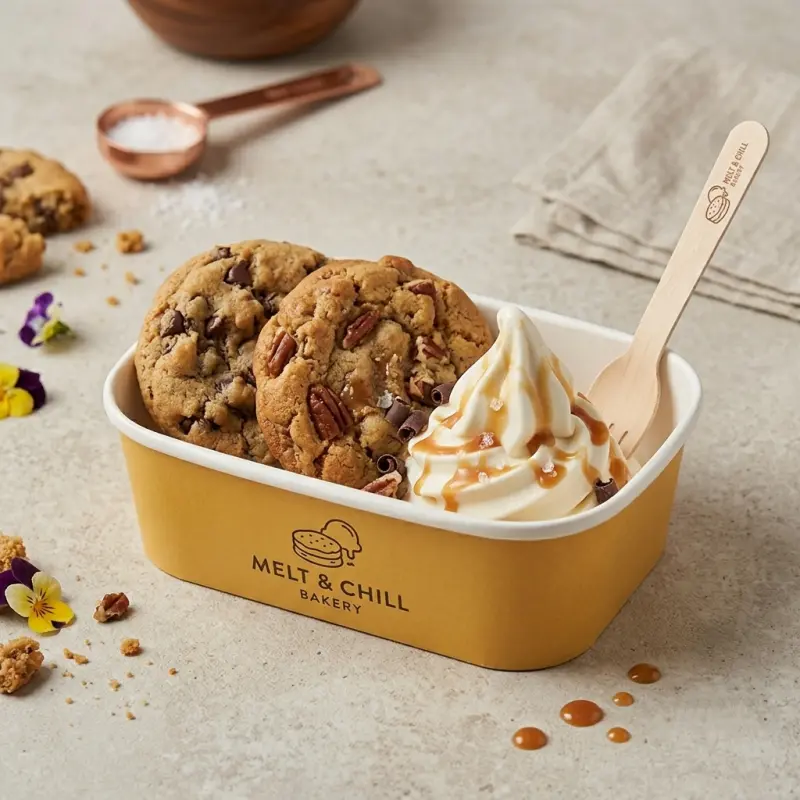 Custom Eco Friendly Paper Ice Cream Bowl Cookie French Fries Takeaway Rectangle Food Container Paper Bowl Packaging with Lid