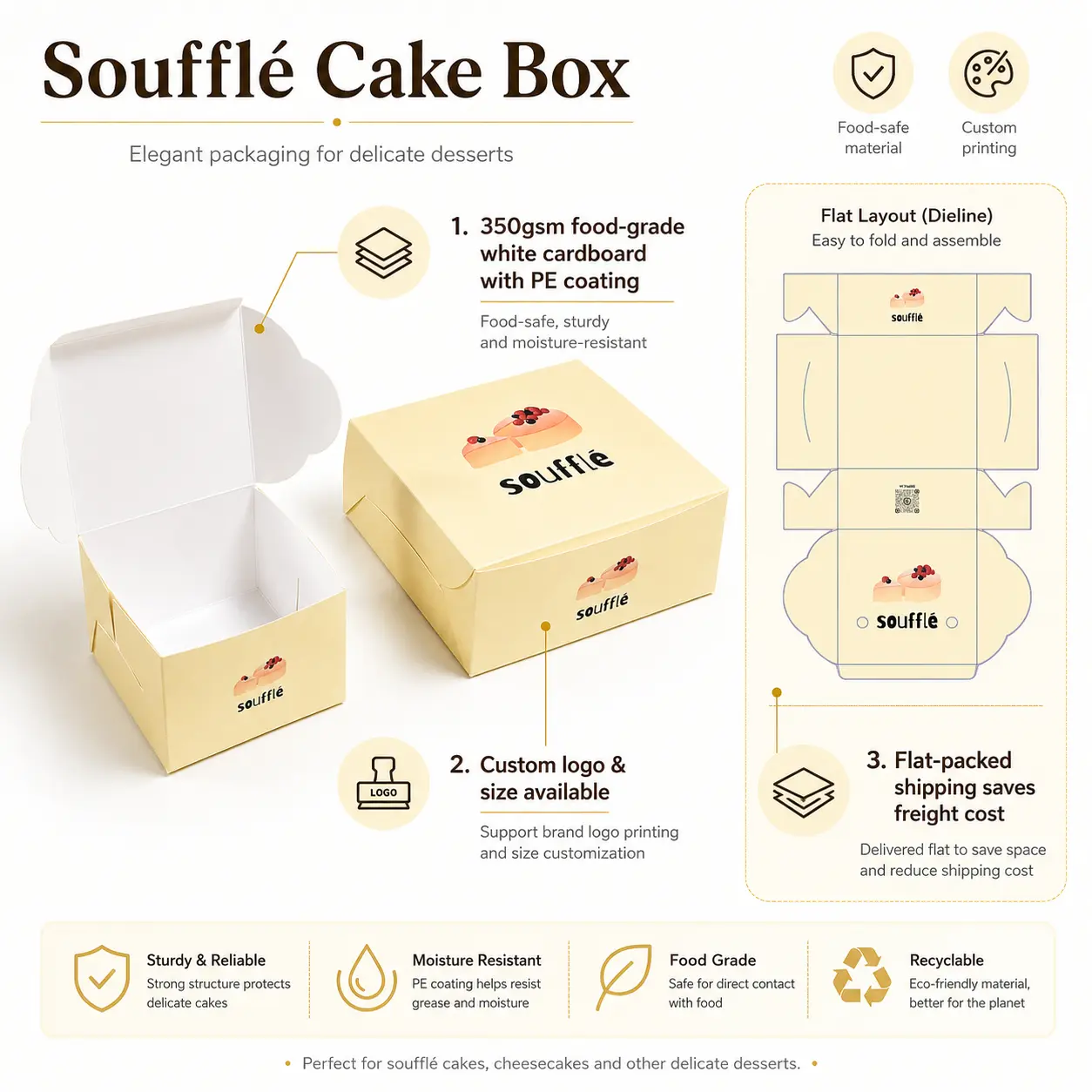 Custom Disposable Donut Bakery Souffle Paper Box Cup Cake Cookies Sweet Pastries Box Packaging Box for Macaron Dessert