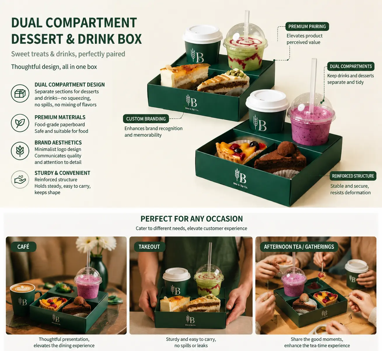 New Trend Dual Unit Design Arabic Cafe Takeout Packaging Coffee Cup Holder with Pastry Paper Box Drink and Dessert Combo Pack