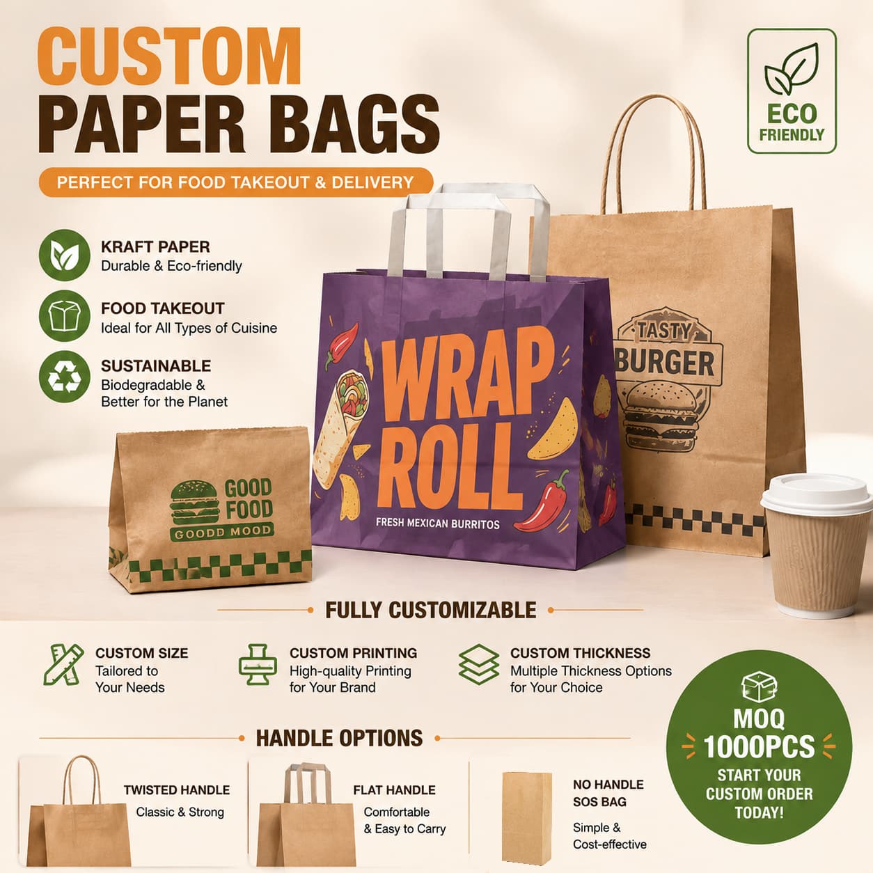 Custom Logo Eco-Friendly Takeout Kraft Paper Bag for Fast Food Biodegradable Shawarma Packaging Bags for Restaurant with Handle