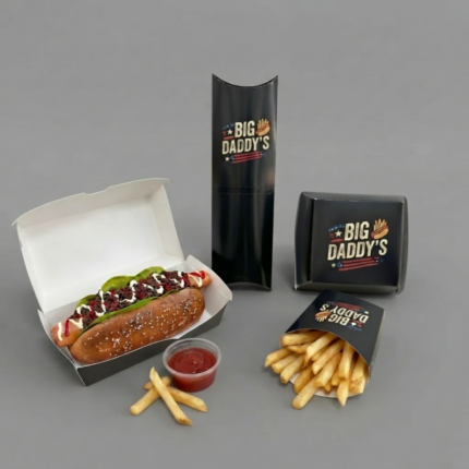 Custom Hot Dog Fast Food Paper Packaging Boxes Set Series Take Away Pillow Shaped Disposable French Fries Shawarma Burger Box