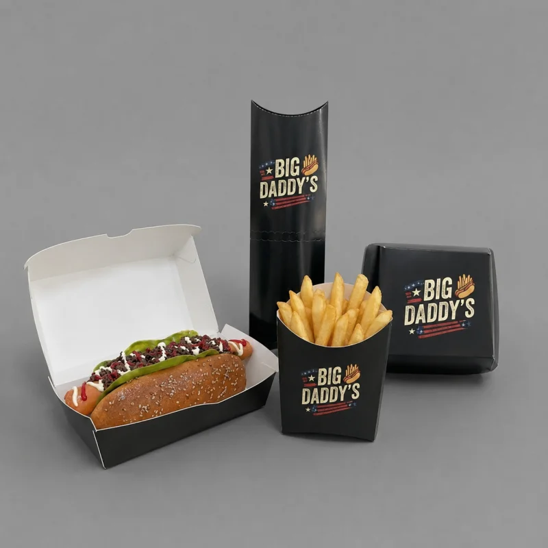 Custom Hot Dog Fast Food Paper Packaging Boxes Set Series Take Away Pillow Shaped Disposable French Fries Shawarma Burger Box