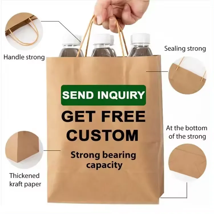 Factory Direct Supply Recyclable Brown Kraft Takeaway Food Packaging Bakery Restaurant Square Bottom Kraft Paper Bag