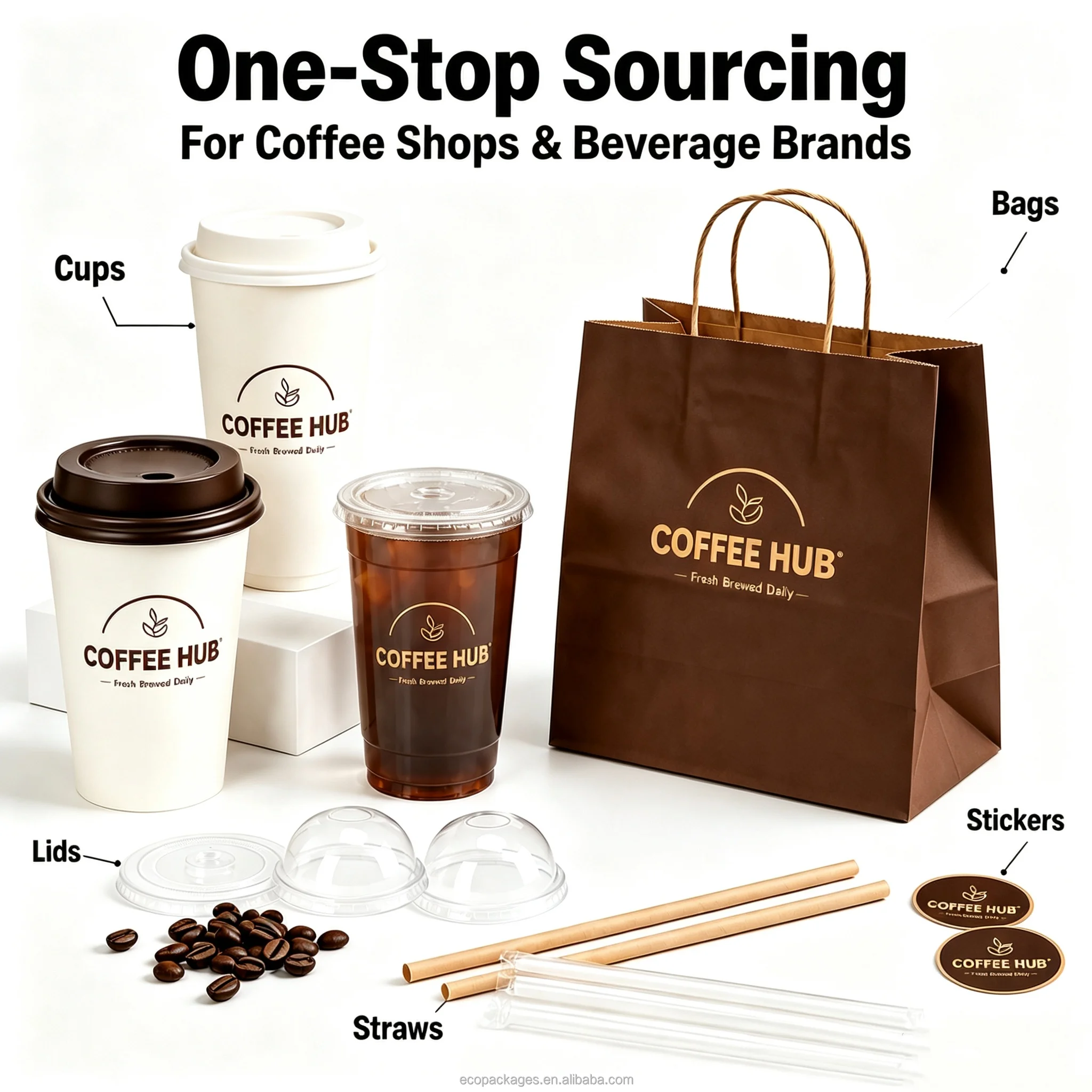 Custom Coffee Packaging Manufacturer Paper Cups Bags Boxes Lids Napkins for Coffee Chains Roastry Bakery