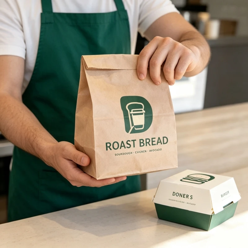 Custom Logo Kraft Paper Bread Bag Oilproof SOS Block Bottom Self Standing Takeaway Packaging Bag for Bakery Burger French Fries