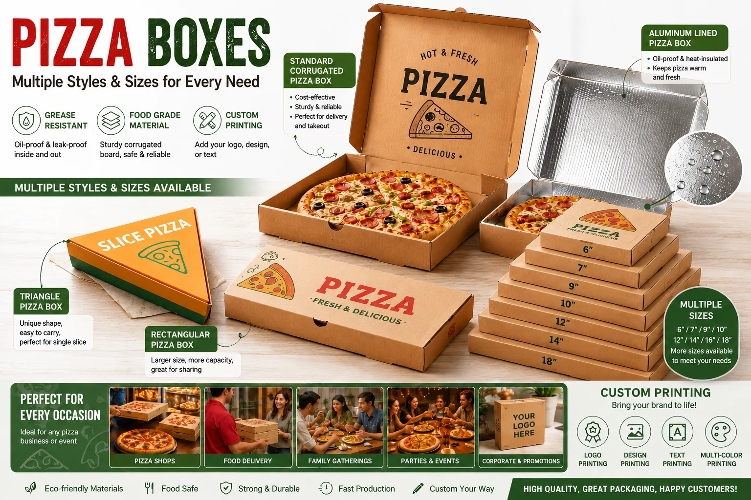 Hot Sale Food Grade Corrugated Pizza Box with Custom Logo Rectangular Takeaway Pizza Packaging with Thickened Corrugated Board