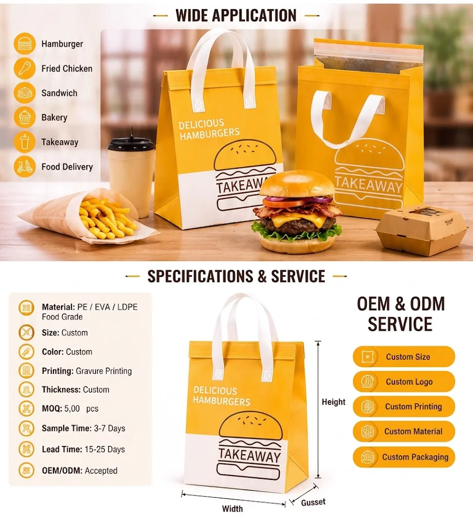 Restaurant Food Delivery Thermal Bag OEM Custom Insulated Takeaway Packaging Manufacturer