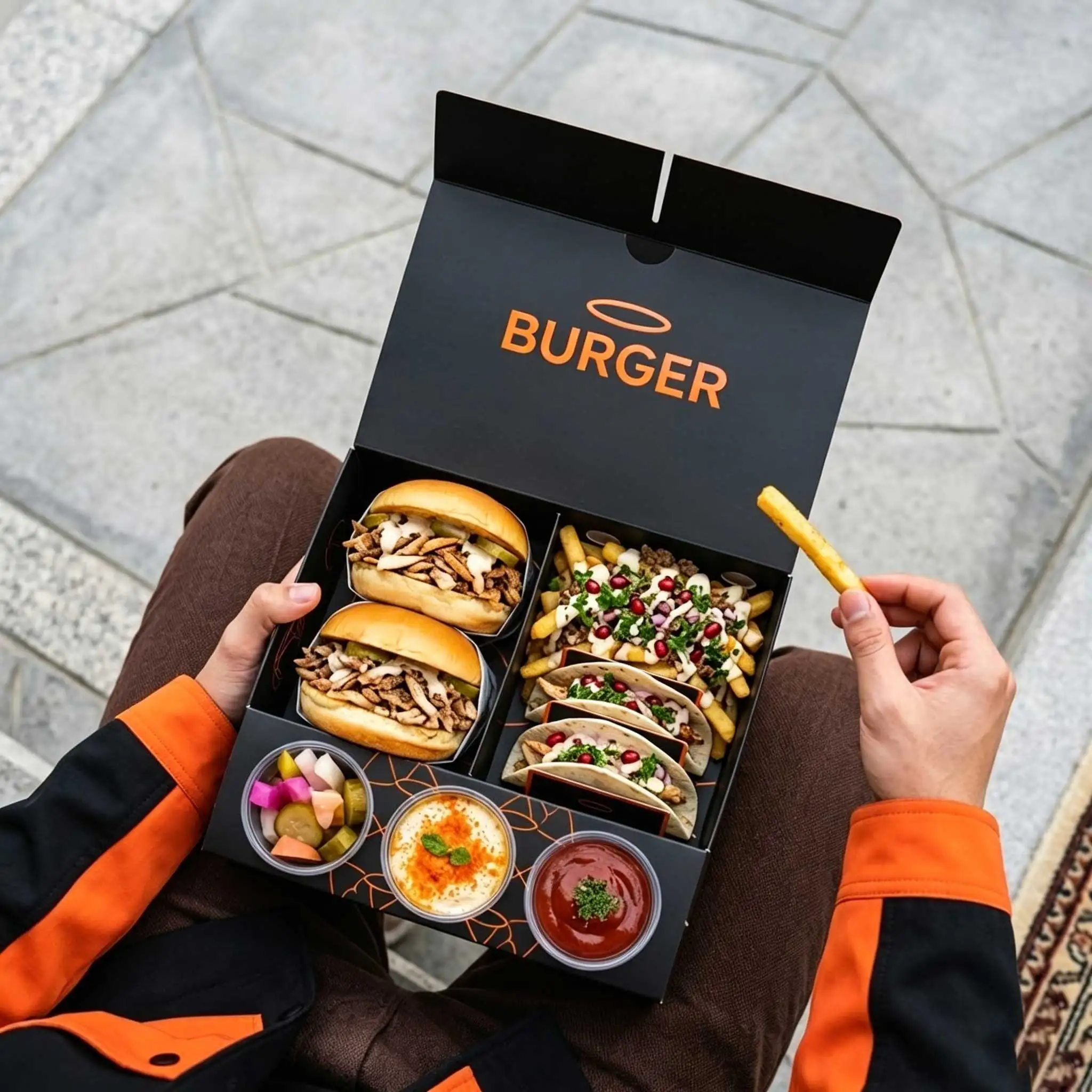 Burger Box with Cup Holder Hamburger and Drink Packaging Set Paper Tray for Fast Food Restaurants