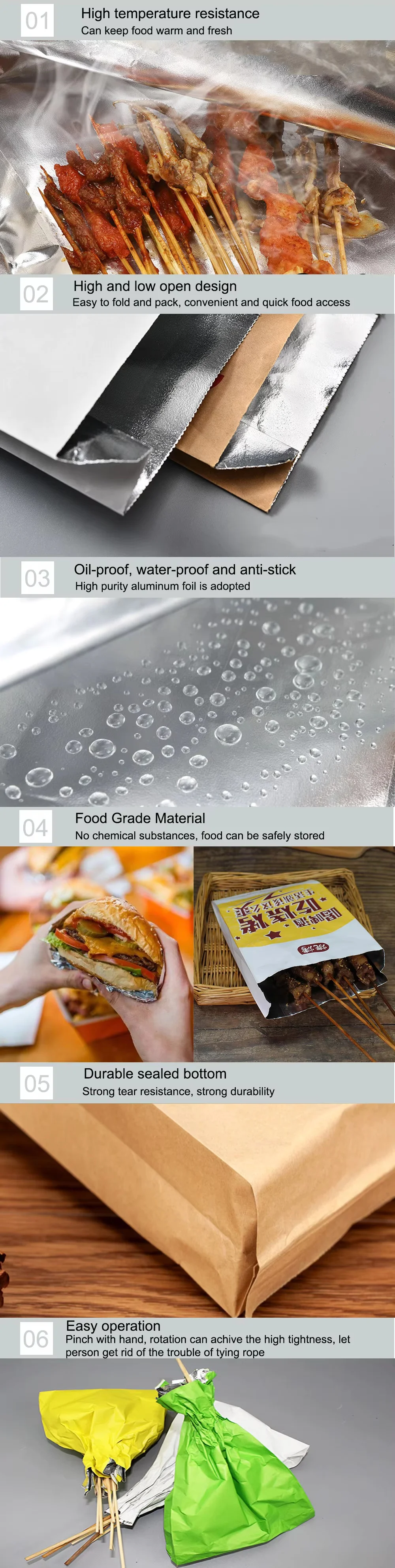 Custom Logo Greaseproof Aluminum Foil Lined Paper Bag Printing Hot Food Takeaway BBQ Doner Kebab Bags