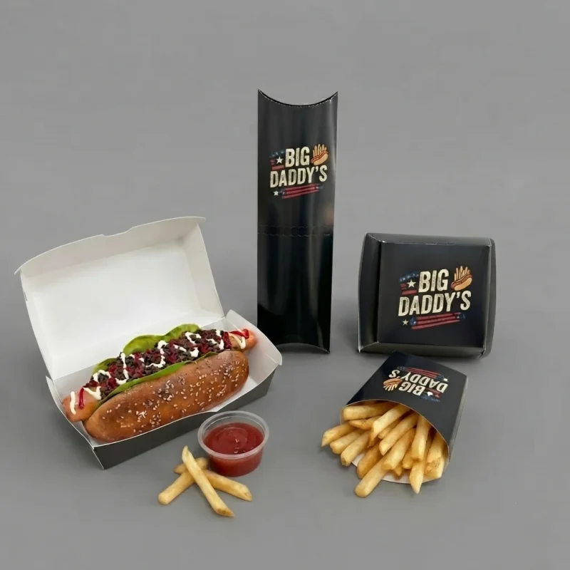 Custom Hot Dog Fast Food Paper Packaging Boxes Set Series Take Away Pillow Shaped Disposable French Fries Shawarma Burger Box