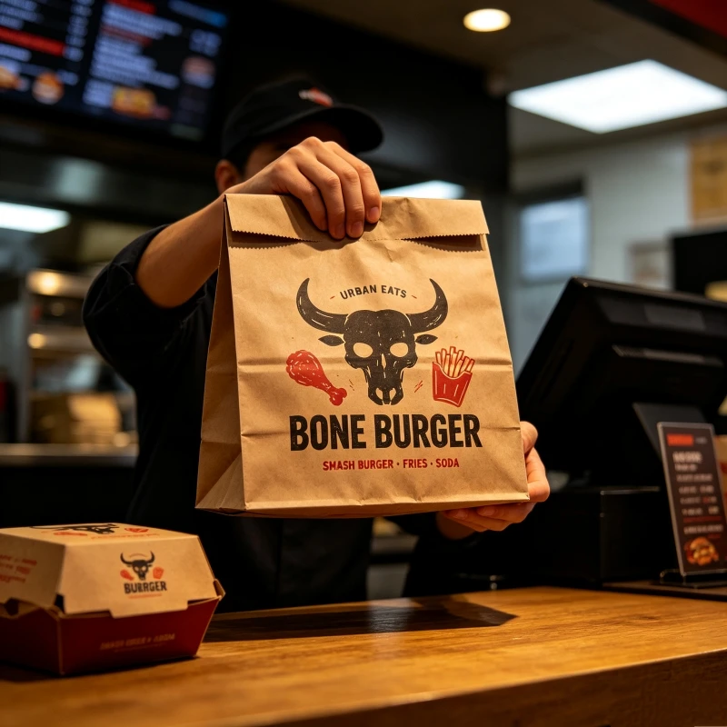Custom Logo Kraft Paper Bread Bag Oilproof SOS Block Bottom Self Standing Takeaway Packaging Bag for Bakery Burger French Fries