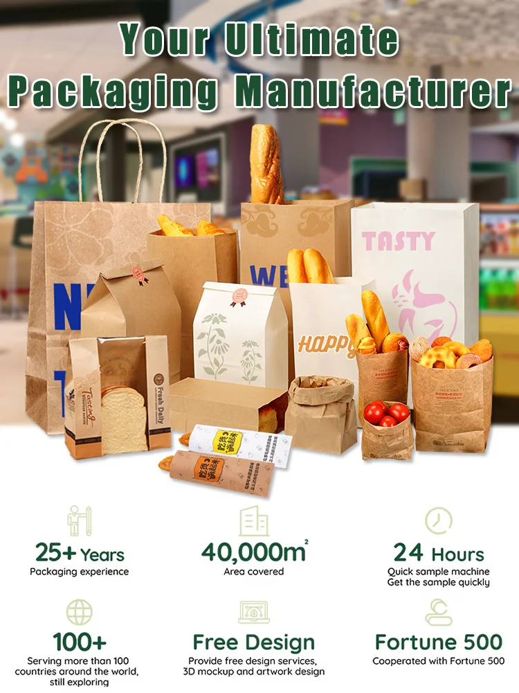 Custom Paper Bag Without Handle Brown White Food Grade Kraft Bag Recyclable Take Out Bread Sandwich SOS Paper Bag